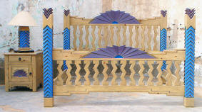 Navajo King Size Bed, Light Desert Sand Stain. Blue-Purple Accent Colors